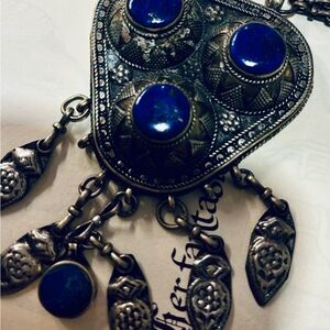 Rare Mid-Century Mexican Folk Art Hand-Wrought "Shield" Necklace w Lapis Lazuli💙